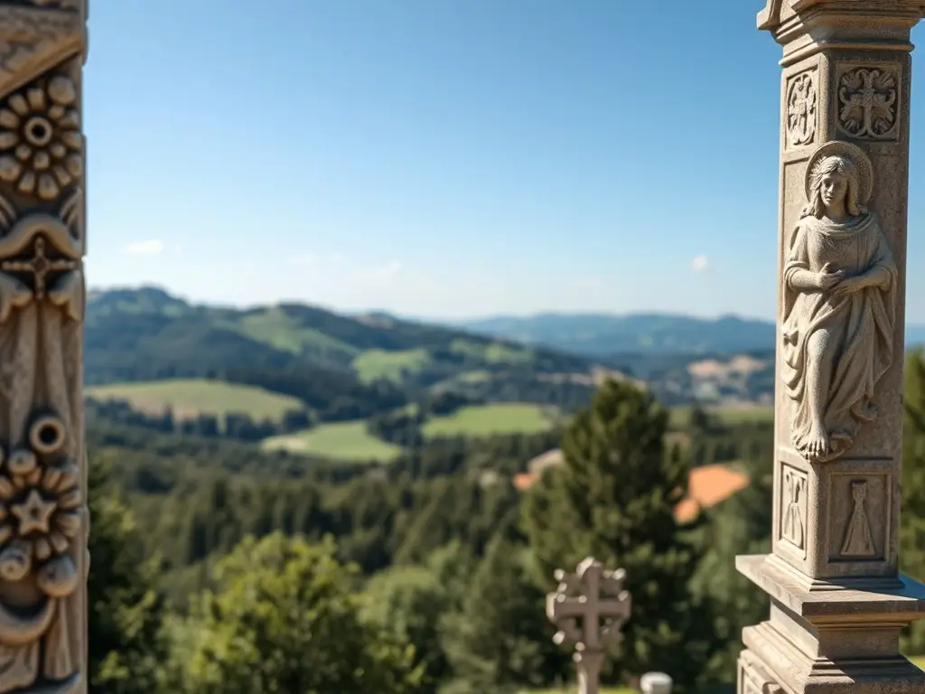 A photograph showcasing a restored calvary in Sommervieu, highlighting the intricate details and the surrounding landscape, emphasizing the cultural and historical importance of these religious monuments.