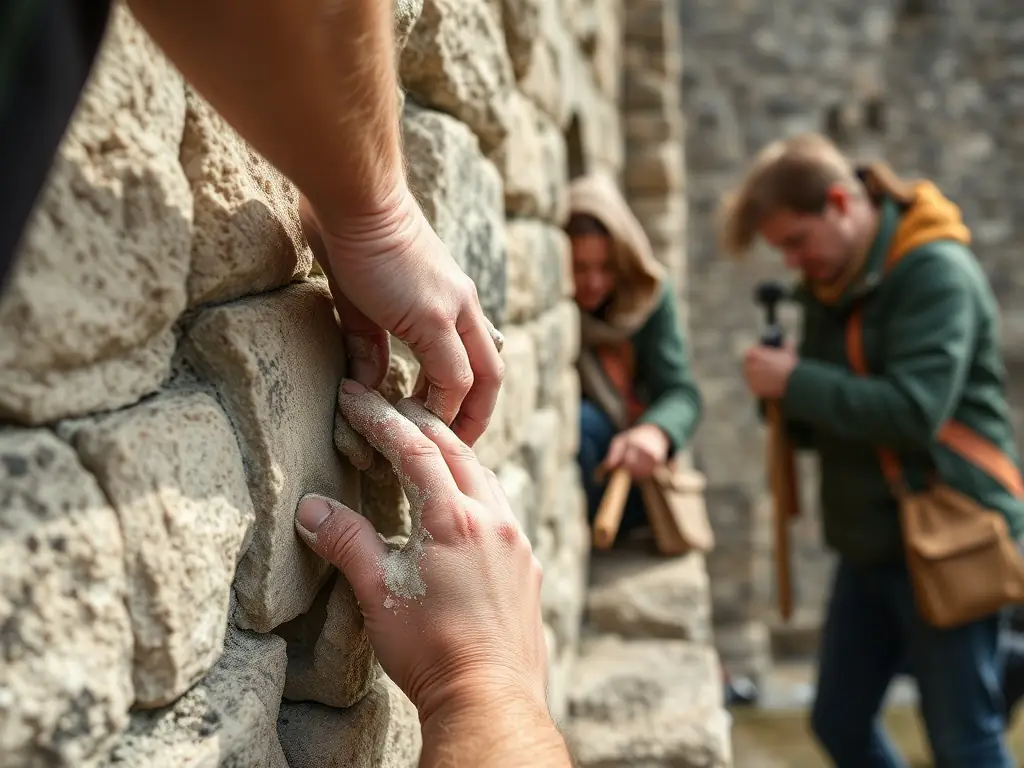 A photograph depicting volunteers working on the restoration of a section of the Eglise de Sommervieu, showcasing the meticulous care and dedication involved in preserving the historical architecture.