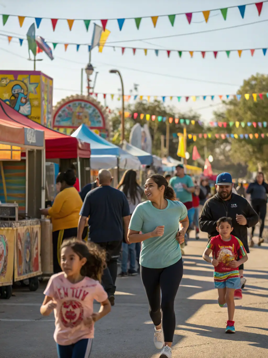 A vibrant image of a fundraising event held in the church square, with community members participating in games, food stalls, and live music.