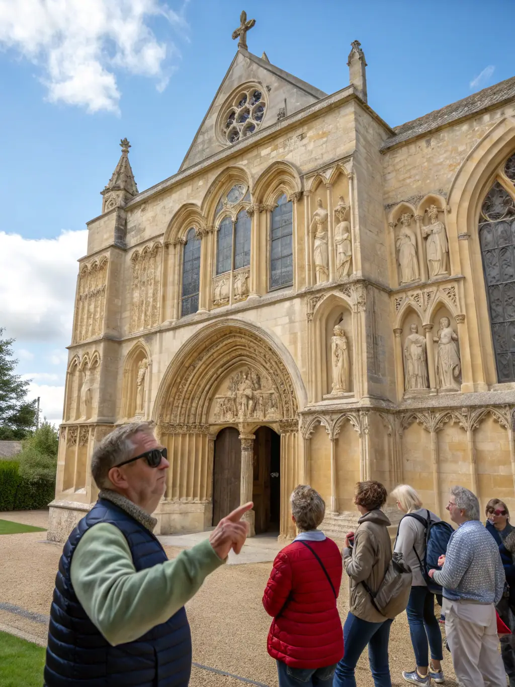 A picture of a guided tour of the Sommervieu church, with a knowledgeable guide explaining the history and significance of the church to a group of visitors.