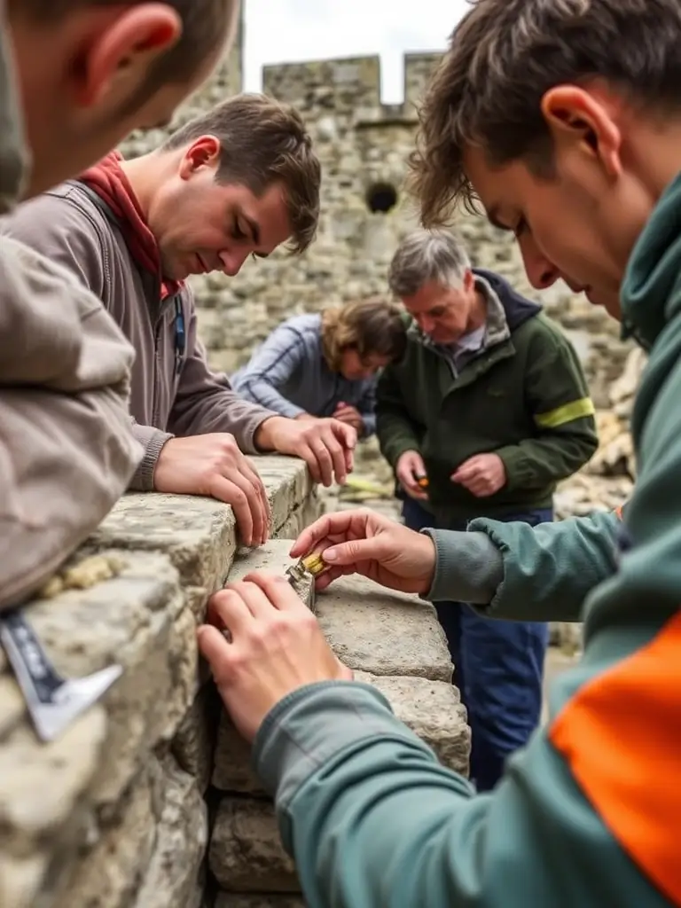 A photograph capturing volunteers meticulously restoring a section of the church's ancient stone wall, showcasing their dedication and skill.