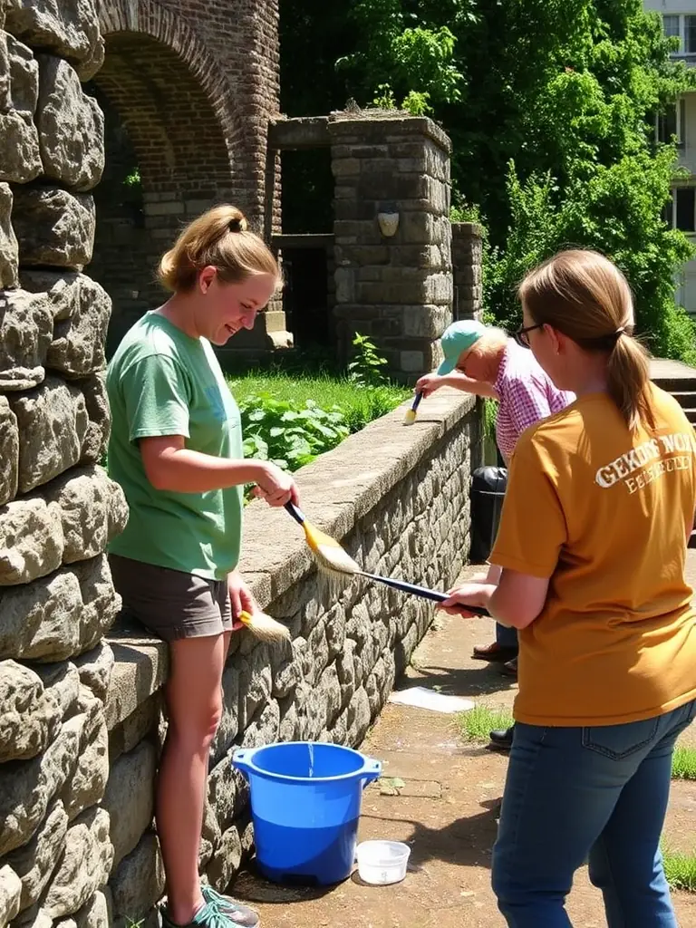 A photograph depicting volunteers cleaning and restoring a section of the Sommervieu church's exterior stone wall, showcasing the hands-on restoration efforts.