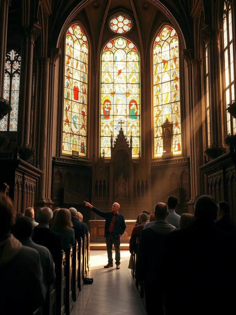 A photograph of a guided tour of the Sommervieu church, with a knowledgeable guide explaining the history and significance of the church to a group of visitors.