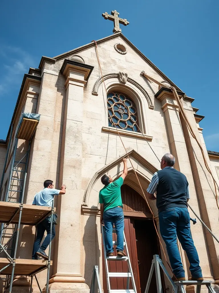 A photograph of volunteers cleaning and restoring a section of the Sommervieu church's interior, focusing on the intricate details of the stonework.
