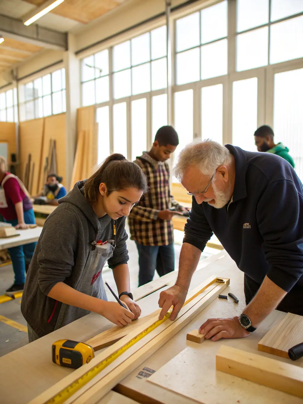 A photograph of a community workshop focused on traditional building techniques, with participants learning about the methods used in the original construction of the church.